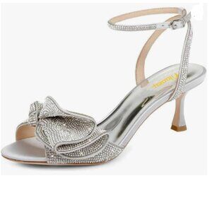 Milooey shoes Silver Glitter Rhinestone Bow Crystal Ankle Strap Mid Heels Sandal